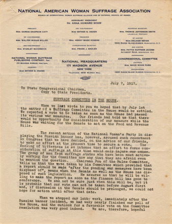 Letter from Maud Wood Park and Ruth White to the State Congressional Chairmen