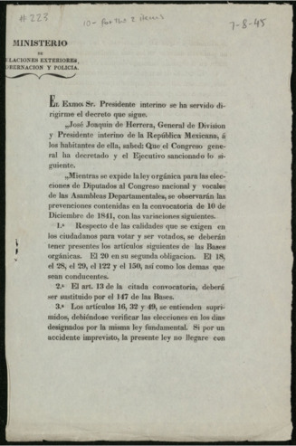 General announcement from José Joaquin de Herrera to the inhabitants of Mexico, July 8, 1845