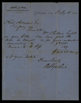 Letter from Hobby & Post to Abel Adams regarding cotton orders and his account