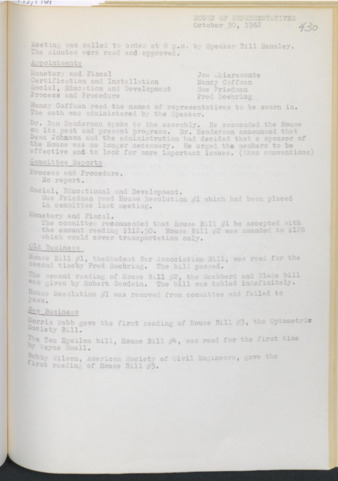 Hardbound Senate Journal, House of Representatives, Minutes, October 30, 1962