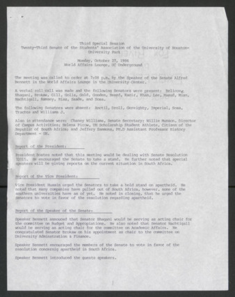 Twenty-third Senate, Students' Association of the University of Houston-University Park, Third Special Session [Minutes], October 27, 1986