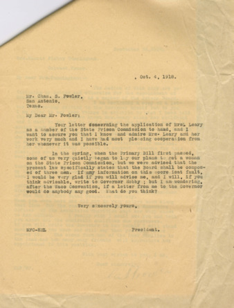 Correspondence between Chas S. Fowler and Minnie Fisher Cunningham regarding appointing a woman to the State Prison Commission Board.