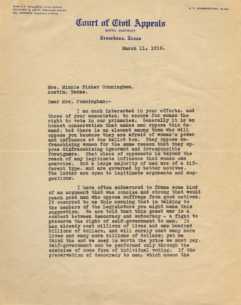 Letter from W.M. Hodges to Mrs. Minnie Fisher Cunningham