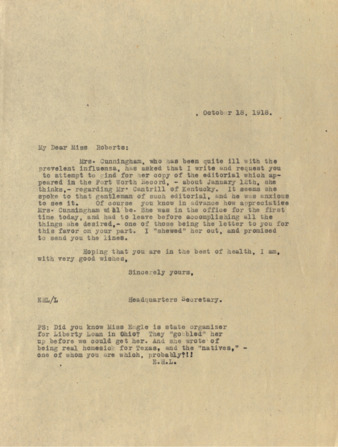 Letter from the Edith H. Hinkle to Ms. Roberts, 1918 October 18