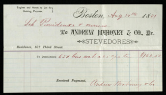 Shipping receipts for the Schooner Providence to Andrew Mahoney & Co.
