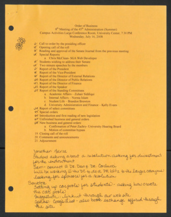 Order of Business, 8th Senate Meeting of the 45th Administration, July 16, 2008