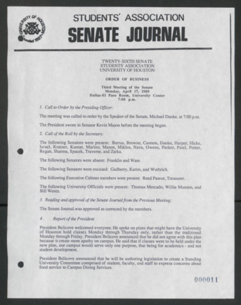Senate Journal, Vol. 1, Twenty-sixth Senate Students' Association, University of Houston, Order of Business [Minutes], Third Meeting, April 17, 1989