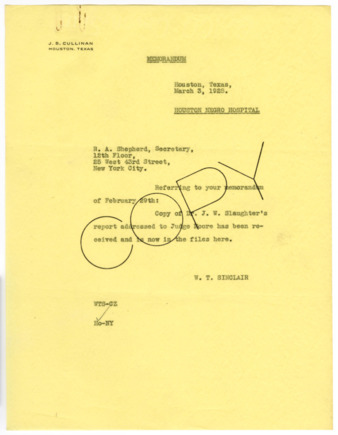 Memorandum from W. T. Sinclair to R. A. Shepherd, 1928 March 3