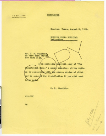 Memorandum from W. T. Sinclair to J. S. Cullinan, 1926 August 3