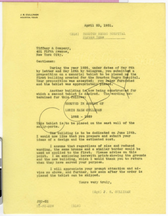 Letter from J. S. Cullinan to Tiffany & Company, 1931 April 23