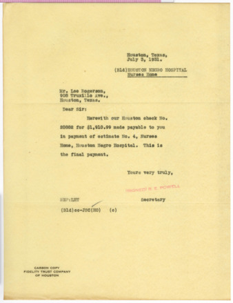 Letter from R. E. Powell to Lee Rogerson, 1931 July 3