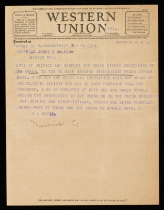 Telegram from H. L. Davis to Governor James V. Allred, 1938 February 18