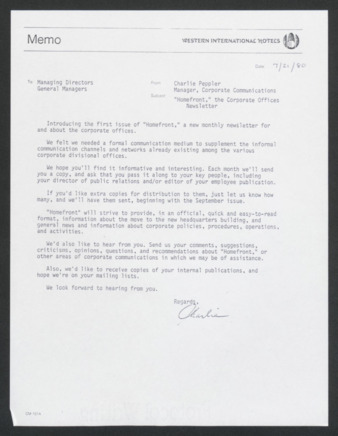 Memorandum from Charlie Peppler on "Homefront" newsletter, 1980 July 21