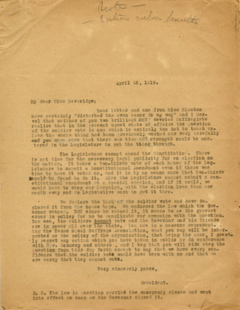 Letter from Minnie Fisher Cunningham to Edna A. Beveridge, 1919 April 28
