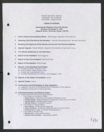 Twenty-seventh Senate, University of Houston, Students' Association, Order of Business, Seventeenth Meeting, November 5, 1990