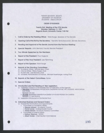Twenty-seventh Senate, University of Houston, Students' Association, Order of Business, Twenty-first Meeting, February 11, 1991