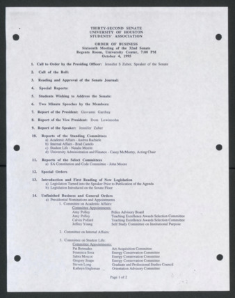 Thirty-second Senate, University of Houston, Students' Association, Order of Business [Agenda], Sixteenth Meeting, October 4, 1995