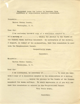 Suggested forms for letters to Senators from the Secretary of organization adopting resolution