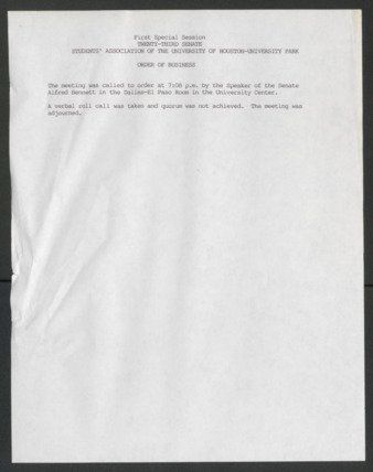 Twenty-third Senate, Students' Association of the University of Houston-University Park, Order of Business [Minutes], First Special Session, 1986