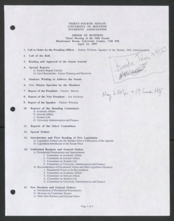 Thirty-fourth Senate, University of Houston, Students' Association, Order of Business, Third Meeting, April 23, 1997
