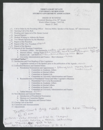 Thirty-eight Senate, University of Houston, Student Government Association, Twentieth Meeting, Order of Business [Agenda], March 27, 2002