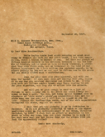 Letter from Minnie Fisher Cunningham to Miss M. Eleanor Brackenridge, 1917 September 28