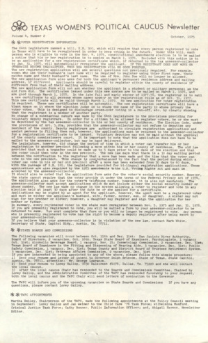 Texas Women's Political Caucus Newsletter, Vol. 4, No. 2, October 1975
