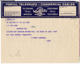 Telegram from Richard Campbell to J. S. Cullinan, 1926 April 23