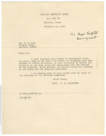 Letter from J. W. Slaughter to Dr. H. H. Lee, 1928 November 24
