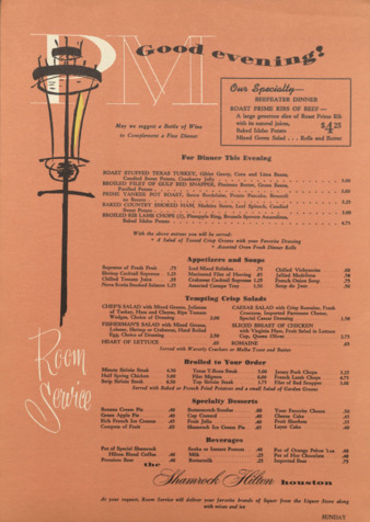 Shamrock Hotel dinner room service menu