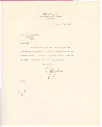 Letter from Tiffany & Co. to J. S. Cullinan, 1926 April 27