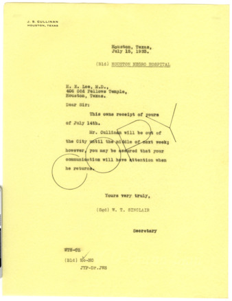 Letter from W. T. Sinclair to H. E. Lee, 1933 July 15