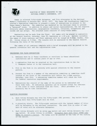 Election of Texas Delegates to the National Women's Conference, procedures and list of nominees