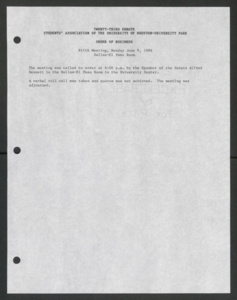 Twenty-third Senate, Students' Association of the University of Houston-University Park, Order of Business [Minutes], Fifth Meeting, June 9, 1986