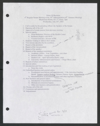 Order of Business [Agenda], 6th Senate Meeting of the 39th Administration, July 10, 2002