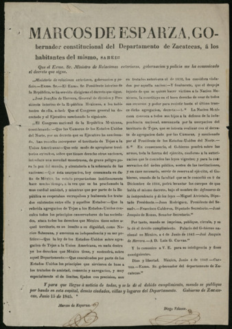 General announcement from José Joaquin de Herrera to the inhabitants of Mexico, June 4, 1845