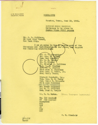 Memorandum from W. T. Sinclair to J. S. Cullinan, 1926 June 18