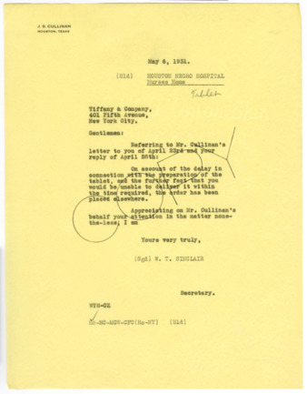 Letter from W. T. Sinclair to Tiffany & Company, 1931 May 6