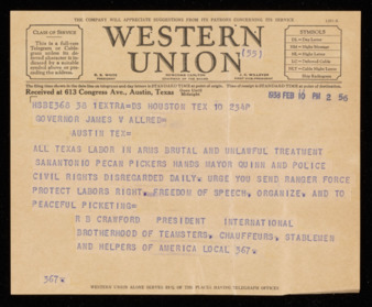 Telegram from R. B. Crawford to Governor James V. Allred, 1938 February 10