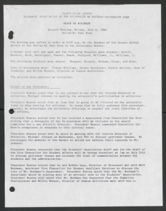 Twenty-third Senate, Students' Association of the University of Houston-University Park, Order of Business [Minutes], Seventh Meeting, July 6, 1986