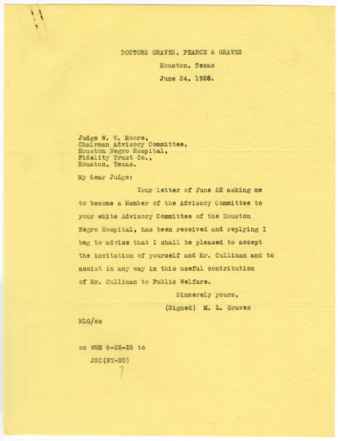 Letter from M. L. Graves to W. W. Moore, 1926 June 24