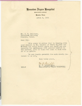 Letter from M. H. Bright to J. S. Cullinan, 1932 April 9