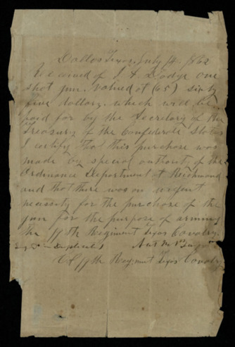 Receipt for a shotgun received by J. A. Dodge