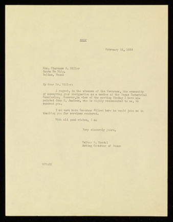 Letter from Walter F. Woodul to Clarence R. Miller, 1938 February 12
