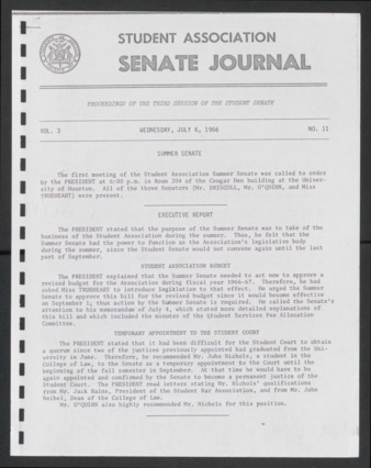 Senate Journal, Third Senate, University of Houston Student Government Association, Summer Session, First Meeting, Minutes, July 6, 1966