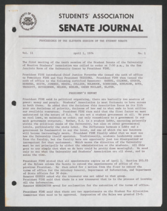Senate Journal, Eleventh Senate, University of Houston Student Government Association, Minutes, Vol. 11, No. 1, April 1, 1974
