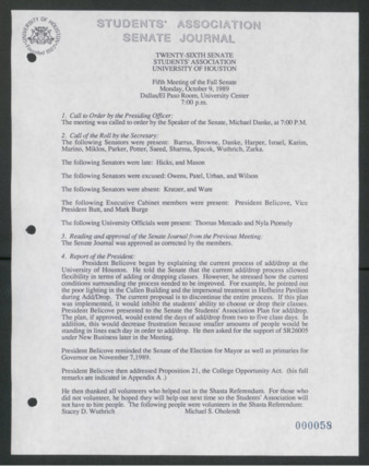 Senate Journal, Vol. 1, Twenty-sixth Senate Students' Association, University of Houston, Fourth Meeting, Fall Senate, October 9, 1989