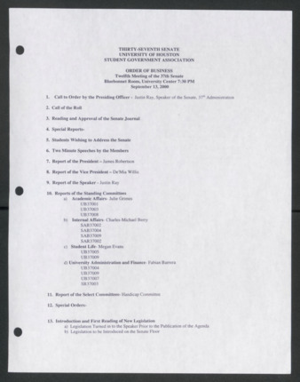 Thirty-seventh Senate, University of Houston Student Government Association, Order of Business, Twelfth Meeting [Agenda], September 13, 2000