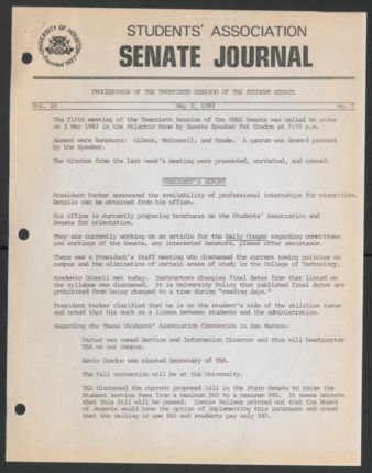 Senate Journal, Twentieth Senate, University of Houston Student Government Association, Minutes, Vol. 20, No. 5, May 2, 1983