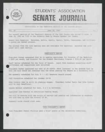 Senate Journal, Twentieth Senate, University of Houston Student Government Association, Minutes, Vol. 20, No. 7, June 20, 1983